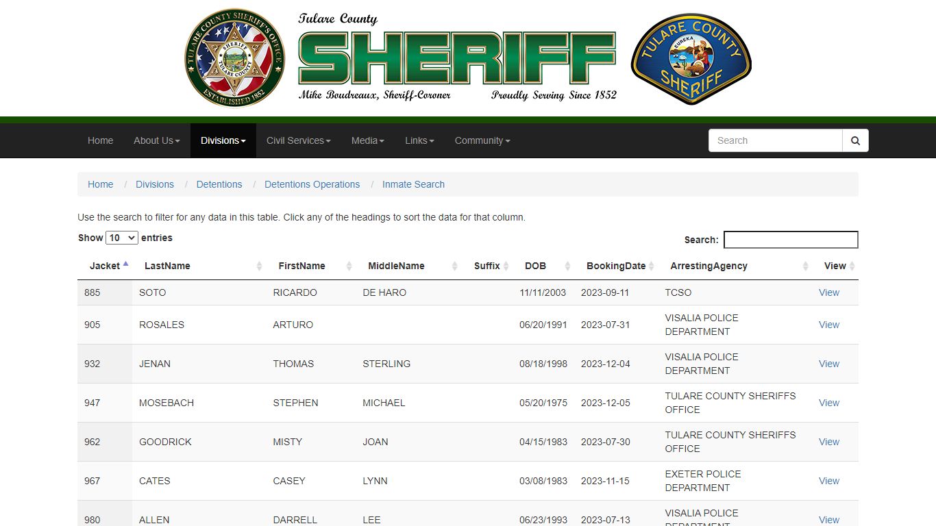 Inmate Search - Tulare County Sheriff - Tulare County, California